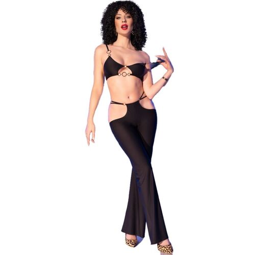 CHILIROSE - CR 4851 SET TOP NEGRO Y LEGGINS CON COMPLEMENTOS DORADOS M