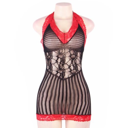 QUEEN LINGERIE CHEMISE CROTCHET NEGRO Y ROJO S-L